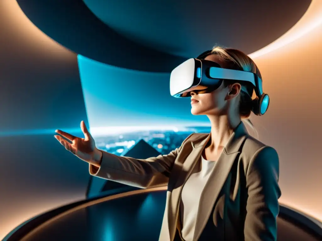 Realidad virtual inmersiva: explorando el futuro Persona con visor de realidad virtual inmersa en un entorno futurista de video 360 estrategia SEO