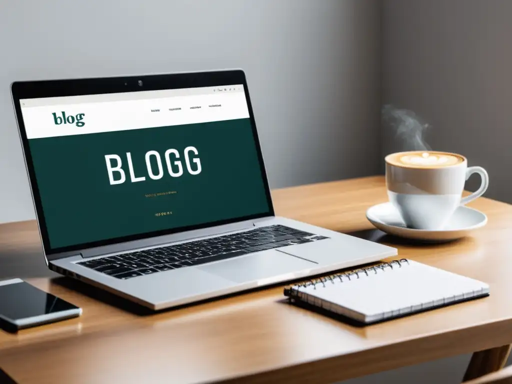 Un portátil moderno en un escritorio minimalista con café y notas, mostrando un blog para ecommerce