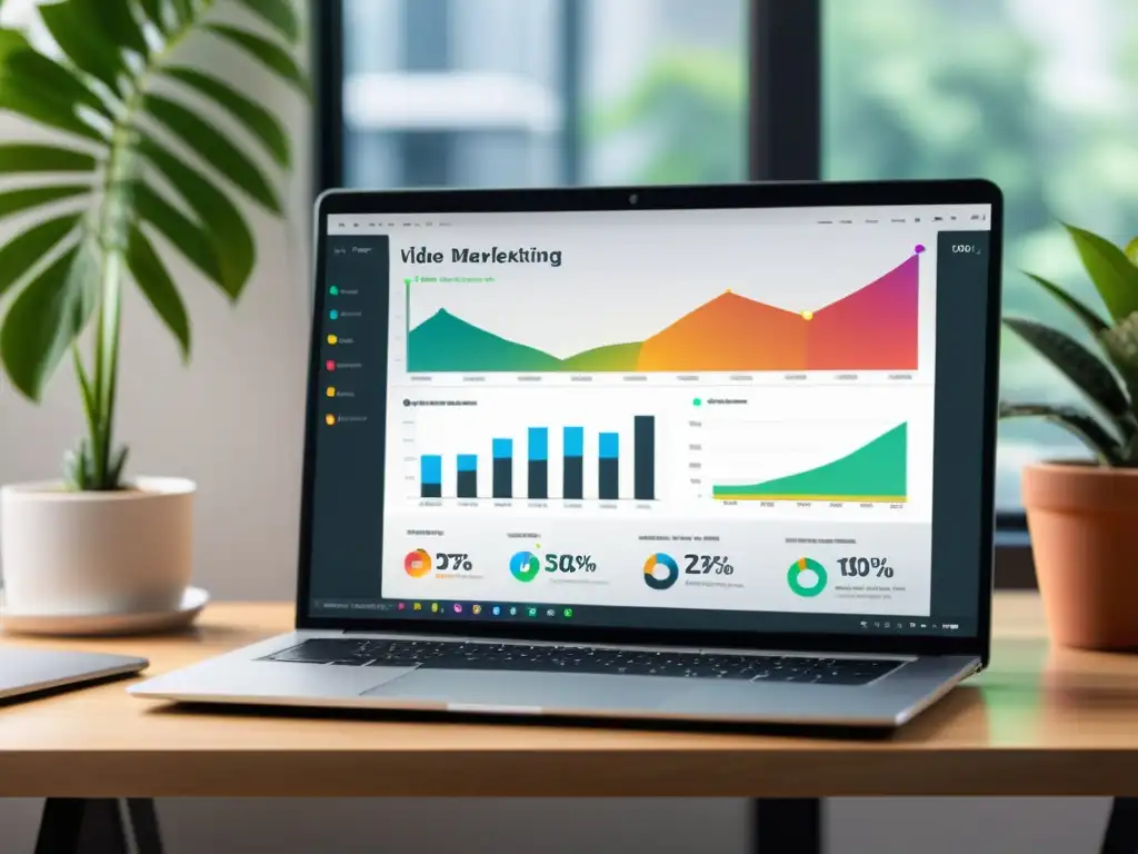 Análisis SEO y Métricas de Video en Laptop Minimalista Un portátil muestra un panel de análisis de marketing de video con gráficos coloridos, en un espacio de trabajo profesional