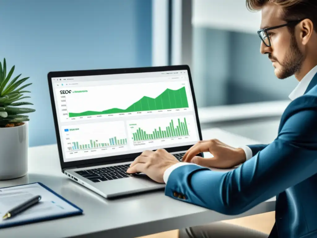 Experto en SEO optimiza datos con Serpstat Un profesional analiza datos de SEO con Serpstat en su laptop