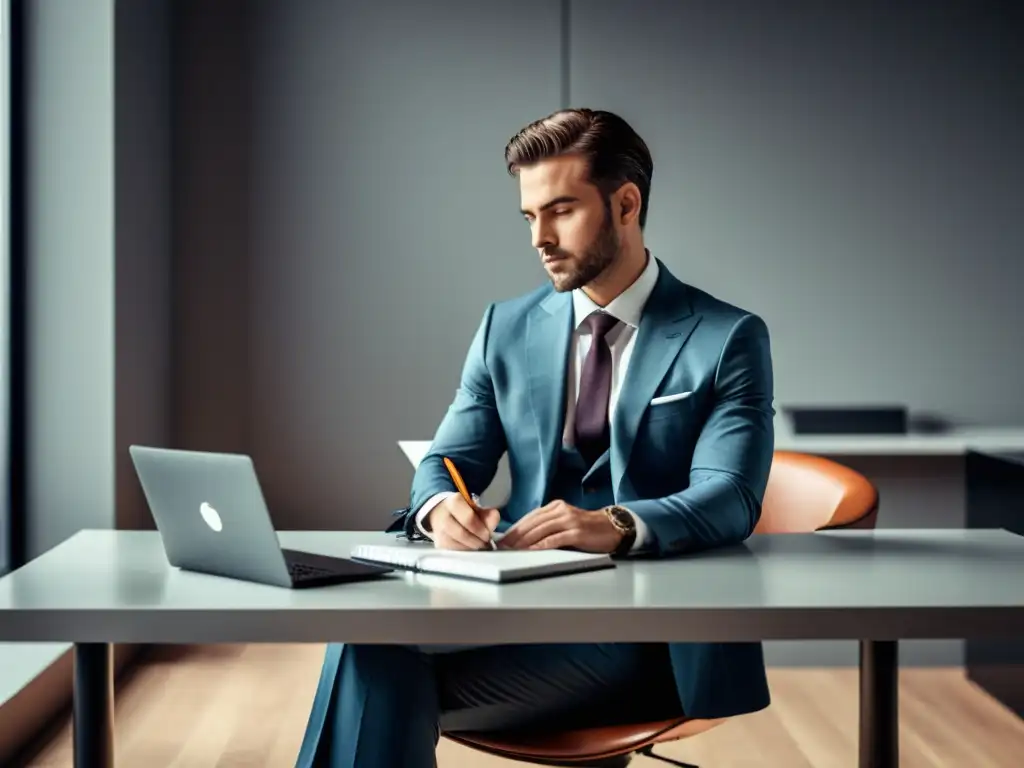 Experto en acción: pensamiento profundo en la oficina moderna Un profesional reflexivo en una moderna oficina, con cuaderno y pluma, proyectando experticia en Estrategia de Contenidos con Testimonios