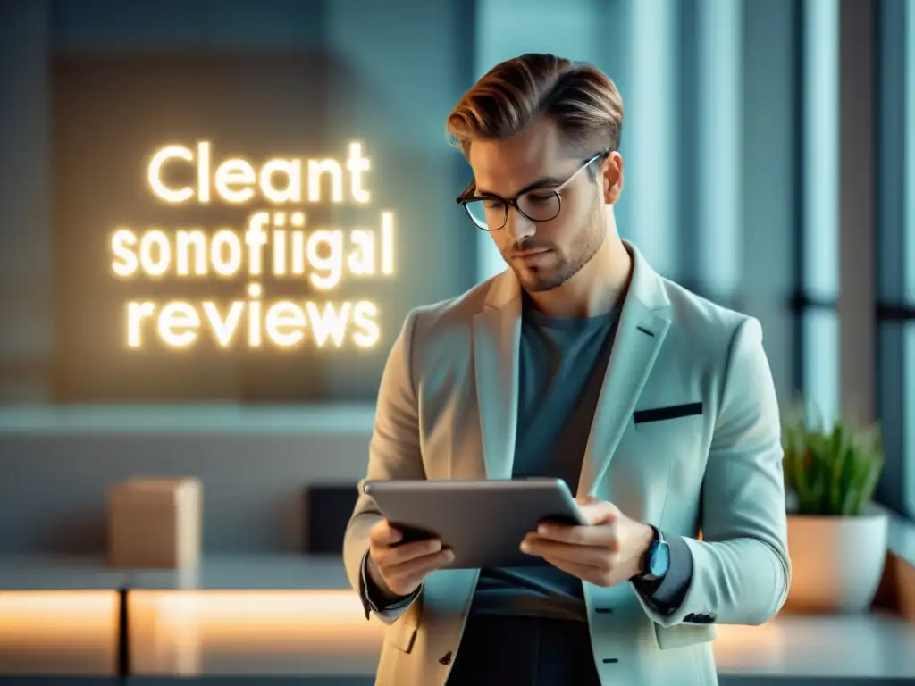 Profesional leyendo reseñas en tablet en oficina moderna Profesional lee reseña brillante en tablet, rodeado de elementos que representan contenido, en moderna oficina