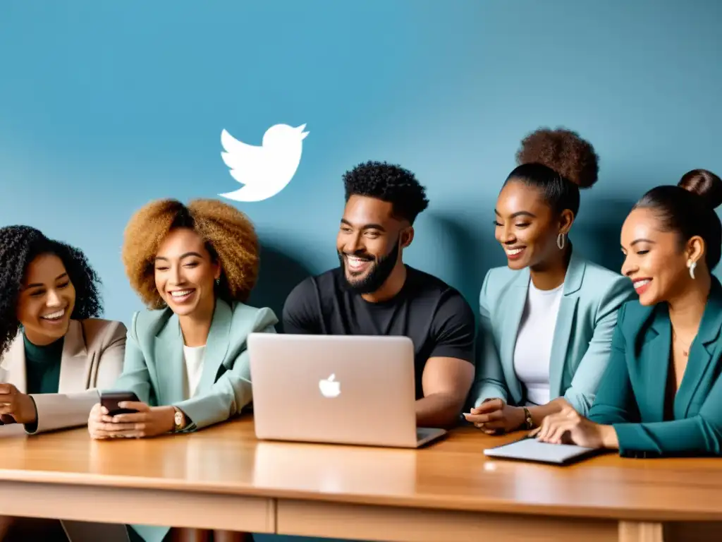 Profesionales dinámicos participan en animado chat de Twitter Profesionales participando en un animado Twitter Chat en un entorno moderno, destacando la importancia de participar en Twitter Chats para el SEO