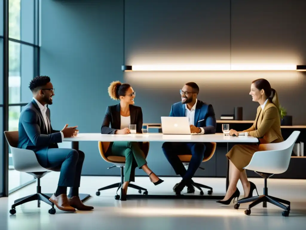 Profesionales colaborando en un ambiente moderno Profesionales colaborando en un entorno moderno, cálido y profesional, transmitiendo una atmósfera de trabajo en equipo