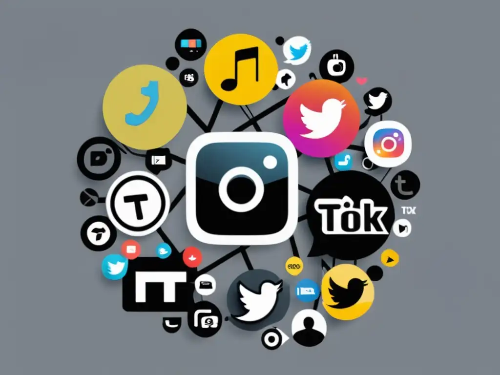 Redes sociales enredadas: impacto de errores SEO en TikTok Una red de iconos de redes sociales con cinta de precaución, resaltando el logo de TikTok