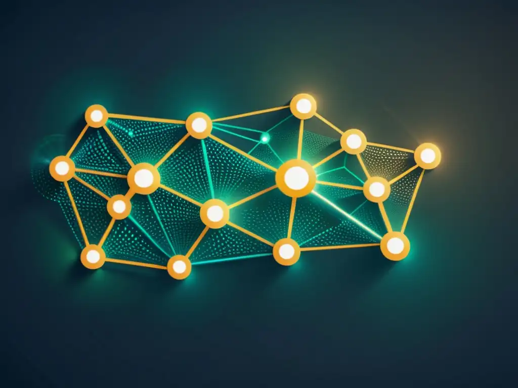 Red de nodos brillantes y conectados, evocando la complejidad y esencia de la creación de contenido para Ecommerce