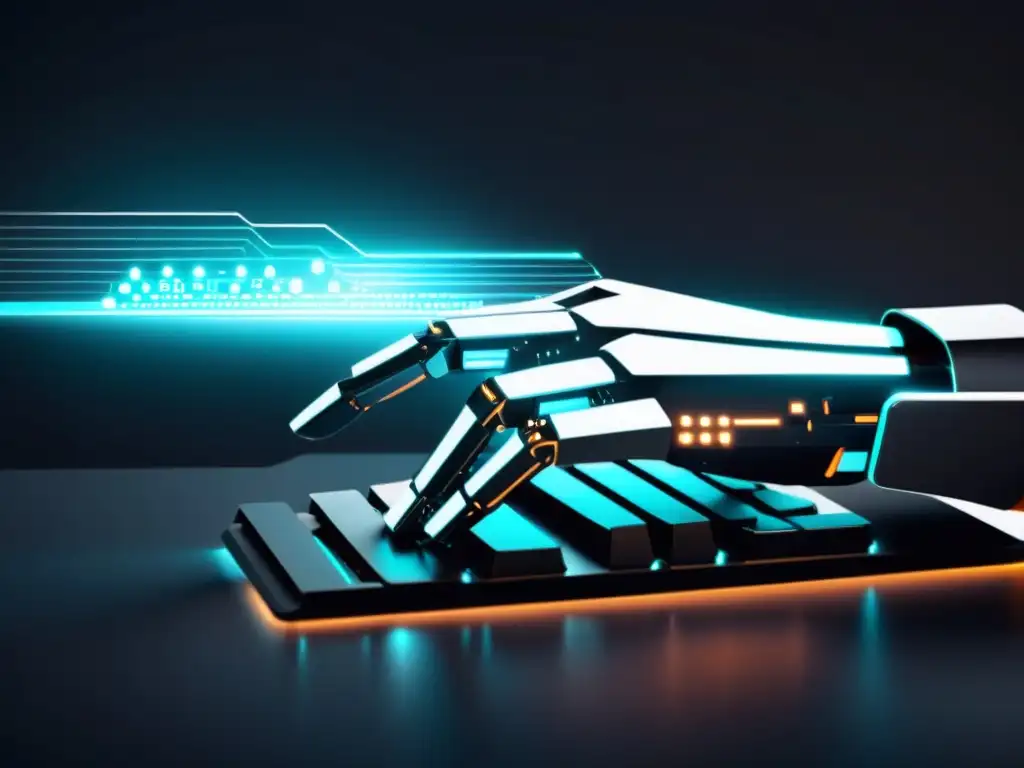 Mano robot futurista SEO: codificación y resultados Un robot futurista teclea en un teclado, con líneas de código y datos fluyendo