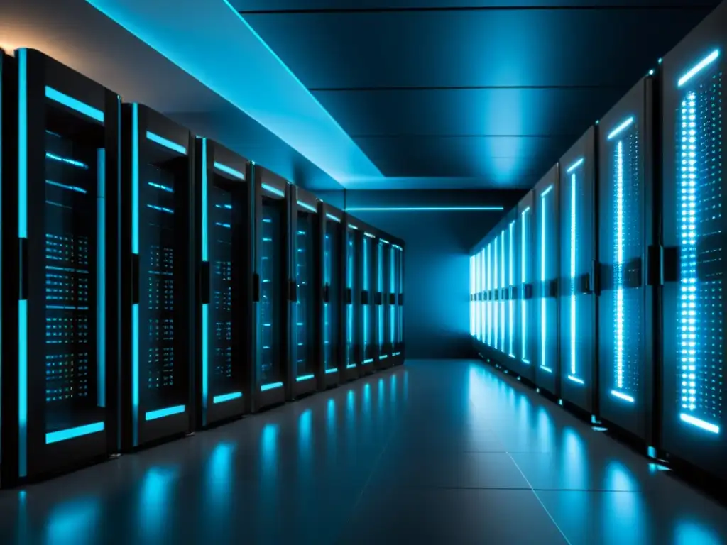 Centro de datos futurista: Eficiencia y tecnología de vanguardia Una sala de servidores futurista con luces azules, transmite una atmósfera de eficiencia y tecnología de vanguardia