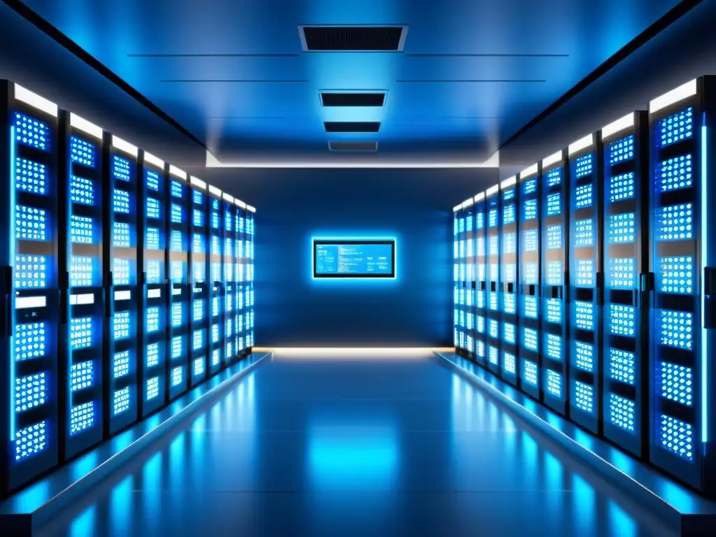 Sala de servidores futurista con luces parpadeantes Una sala de servidores ordenada con luces parpadeantes y un reloj digital, proyectando una atmósfera futurista y profesional
