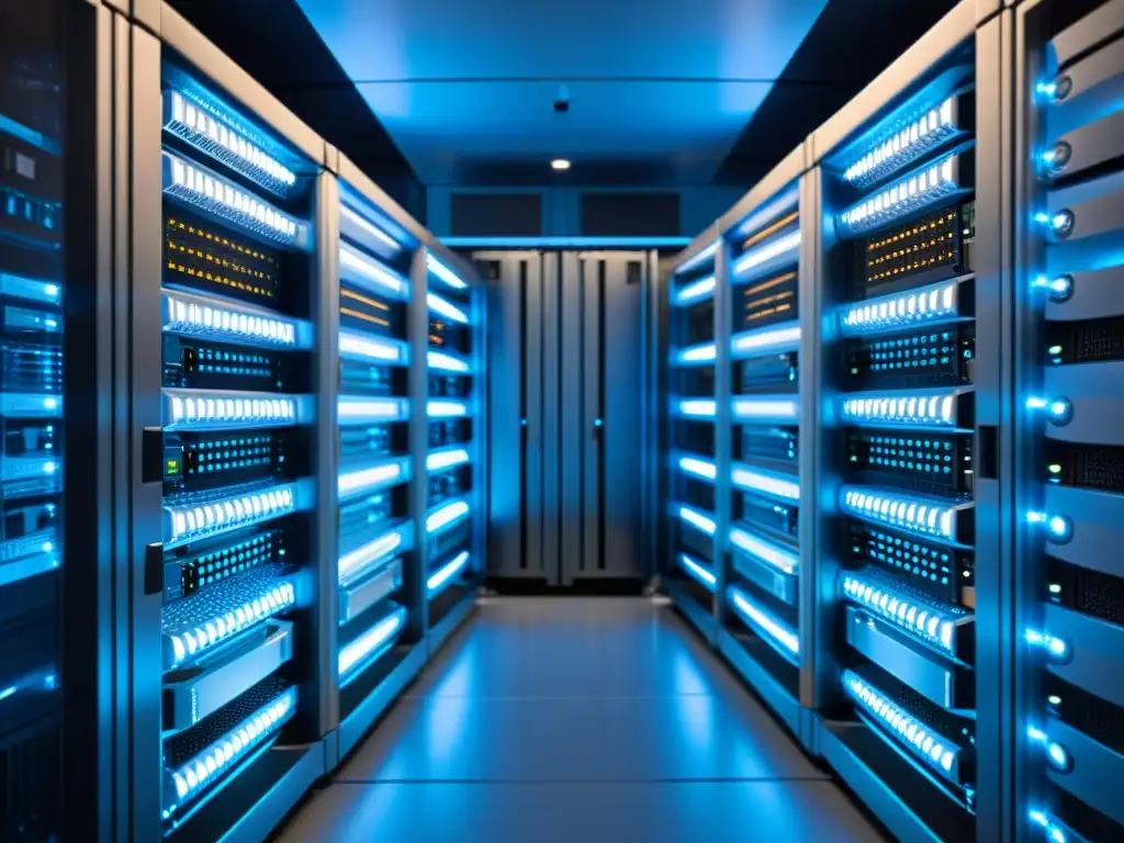 Servidores modernos en sala de alta tecnología Un salón de servidores ordenado y moderno bañado en una suave luz azul