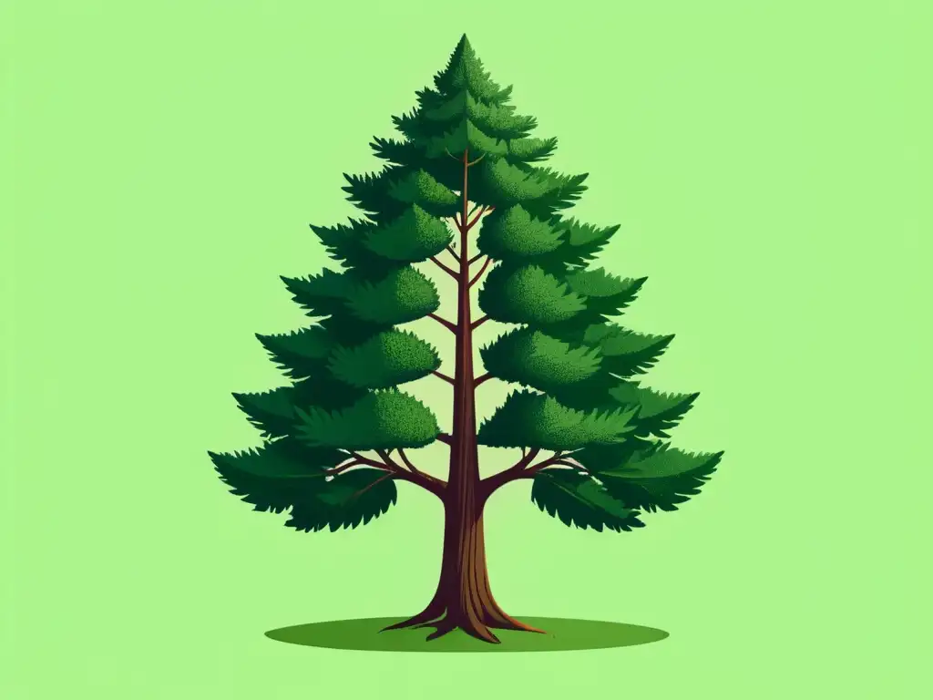 Imponente árbol perenne: serenidad y frescura en ilustración Una ilustración serena de un imponente árbol perenne con follaje exuberante y verde vibrante, sobre un suave fondo de colores pastel