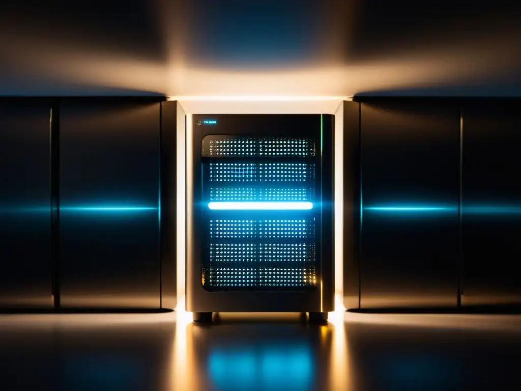 Servidor de almacenamiento de datos moderno en un resplandor etéreo Un servidor de almacenamiento de datos moderno, sofisticado y confiable, iluminado en tonos suaves, rodeado de un aura etérea