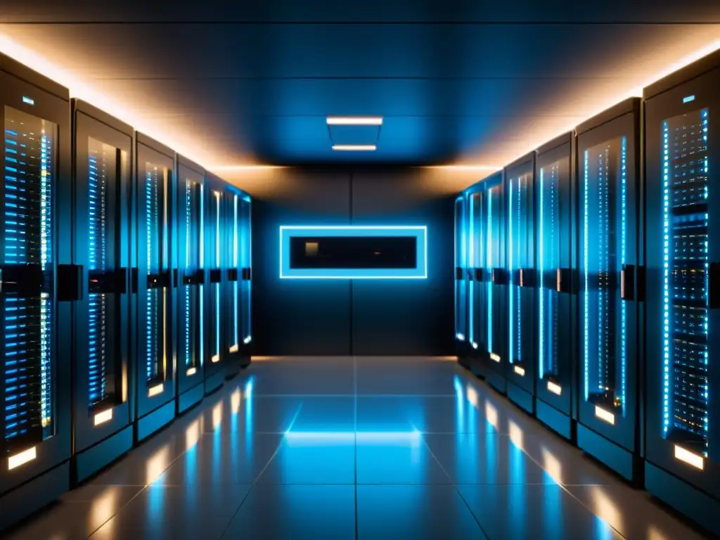 Servidores modernos en un ambiente futurista y minimalista Un servidor moderno resplandece en una sala futurista, evocando precisión y confiabilidad para la retención de datos con impacto SEO