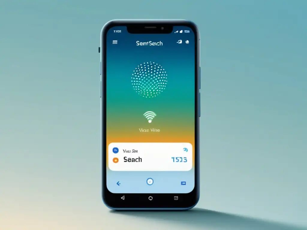Smartphone con búsqueda por voz: eficiencia y modernidad Un smartphone con ícono de búsqueda por voz, en un fondo minimalista y moderno