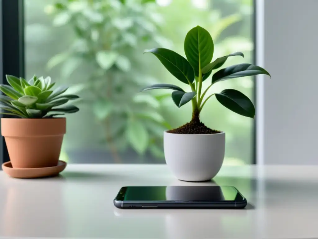 Smartphone con asistente de voz en entorno profesional Un smartphone moderno con app de asistente de voz en un espacio de trabajo minimalista