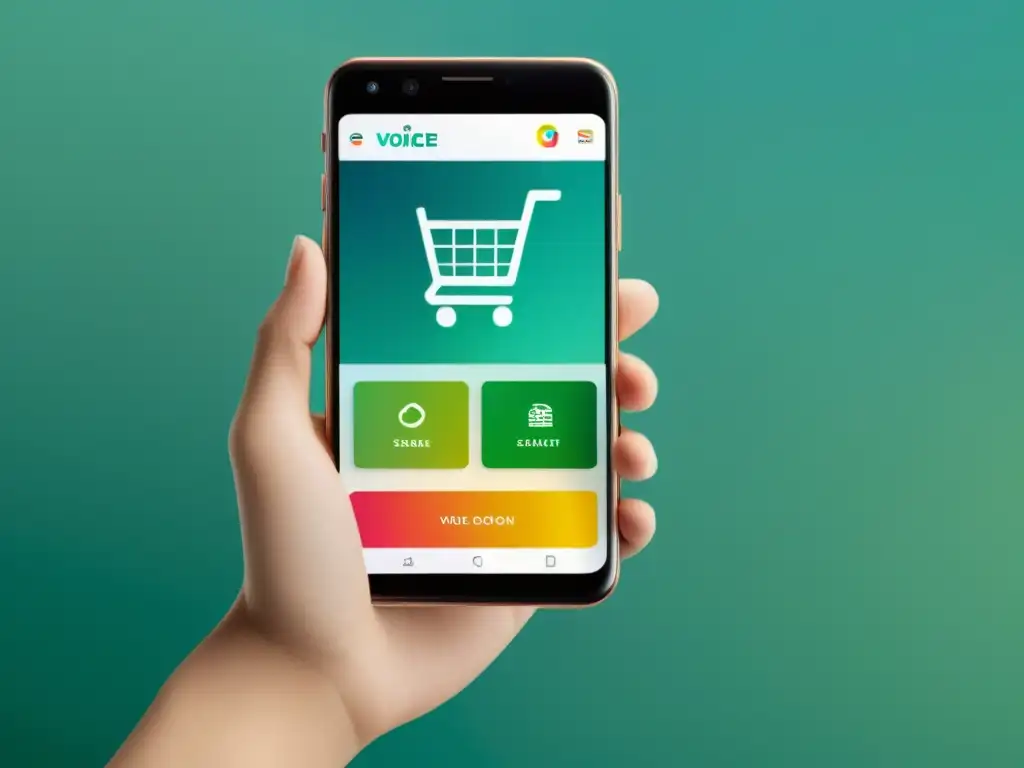 Smartphone moderno con ecommerce atractivo Smartphone moderno con ecommerce colorido y atractivo, destacando búsqueda por voz