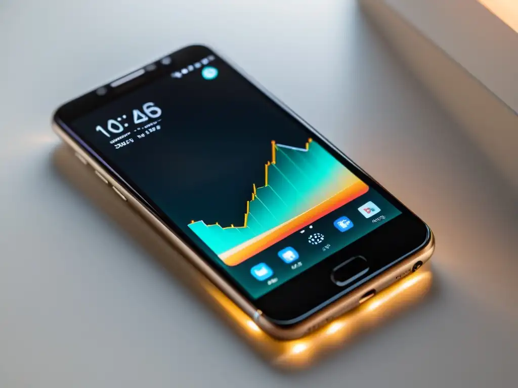 Aumento de usuarios: gráfico en smartphone moderno Un smartphone moderno muestra un gráfico con aumento de usuarios de app, en un fondo neutro de diseño sofisticado