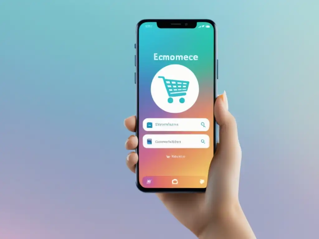 Smartphone con búsqueda por voz en ecommerce Un smartphone muestra un sitio web de ecommerce con ícono de búsqueda por voz