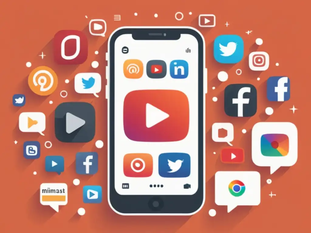 Ilustración minimalista: smartphone reproduce video rodeado de iconos de redes sociales Smartphone con video y redes sociales, en tonos blancos, grises y toques de azul, con elementos SEO