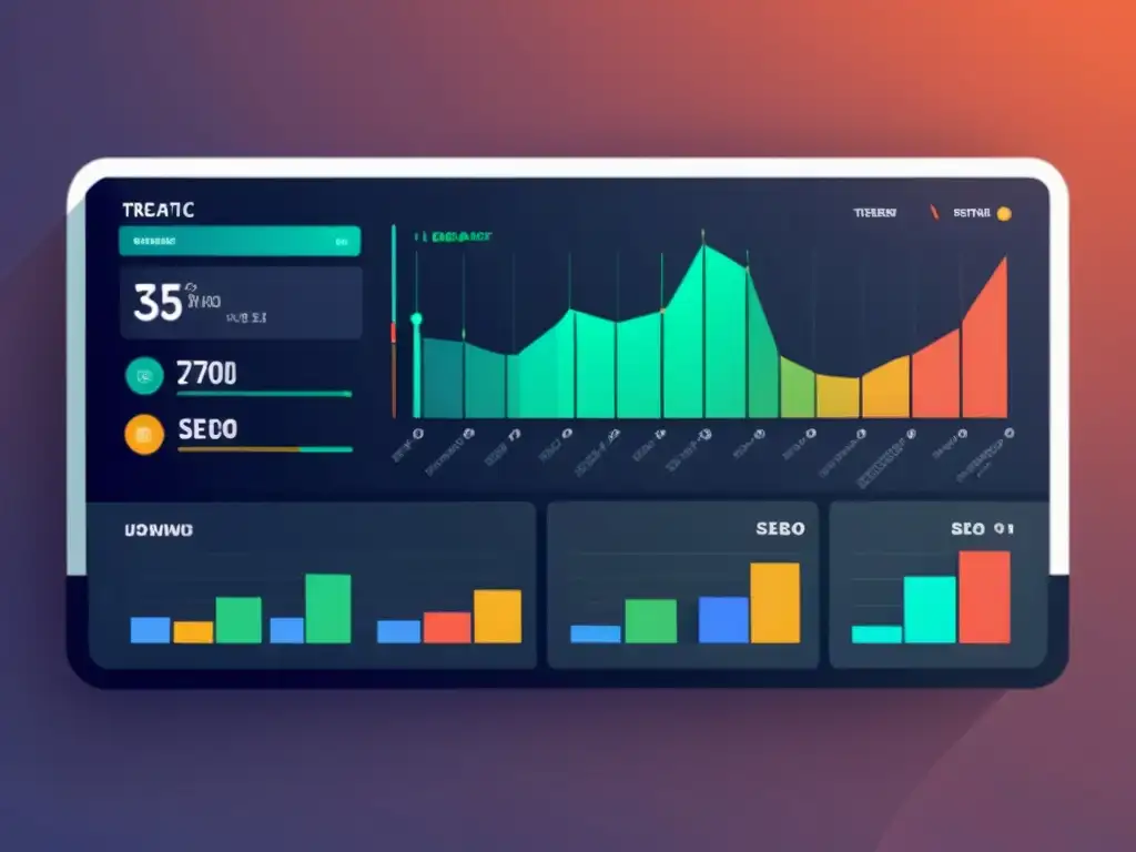 Panel de predicción SEO: datos y visualizaciones futuristas Tablero digital futurista con visualizaciones geométricas y gráficos dinámicos, mostrando datos de analítica predictiva SEO