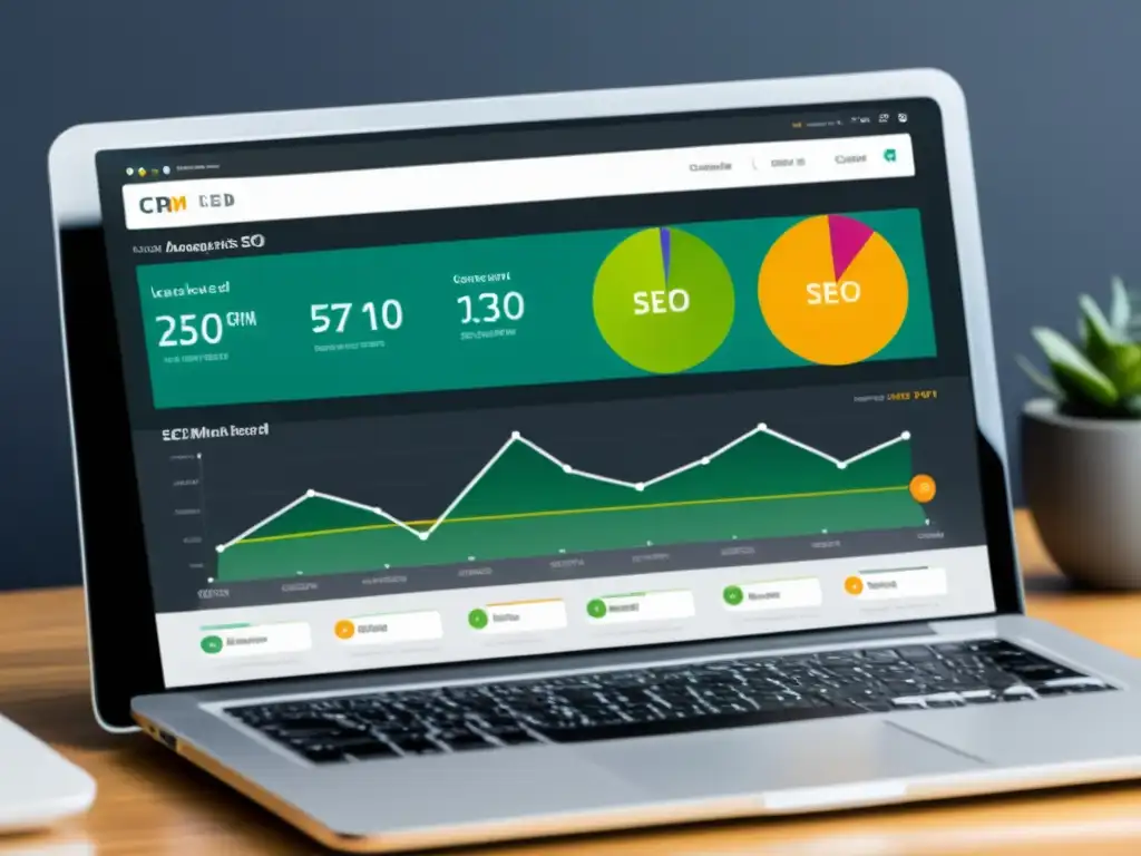 Panel integrado de SEO y CRM: Estadísticas profesionales y atractivas Tablero integrado con datos de analítica SEO y gestión de leads CRM, diseño moderno y profesional