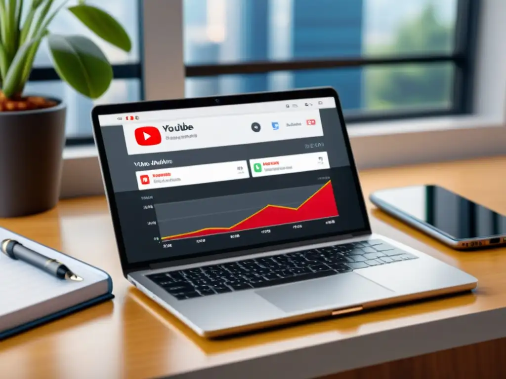 Análisis SEO de video en smartphone: gráficos y métricas Teléfono inteligente mostrando dashboard de análisis de YouTube, en un espacio de trabajo profesional y minimalista