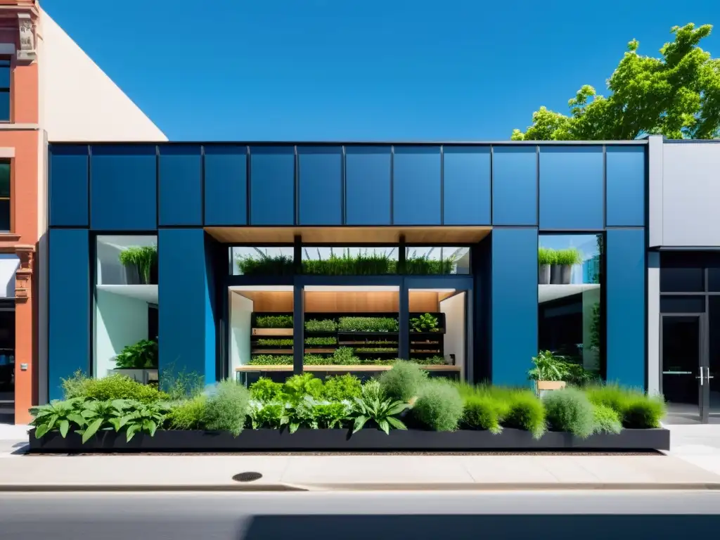 Tienda moderna con diseño sostenible en la ciudad Una tienda moderna y sostenible en la ciudad, con paneles solares y vegetación