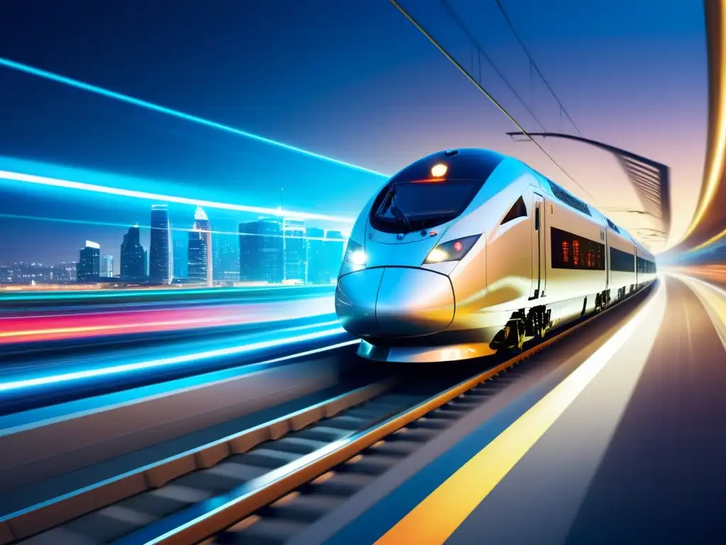 Veloz tren futurista recorriendo la ciudad nocturna Un tren de alta velocidad atraviesa una ciudad futurista iluminada de noche, transmitiendo modernidad y velocidad