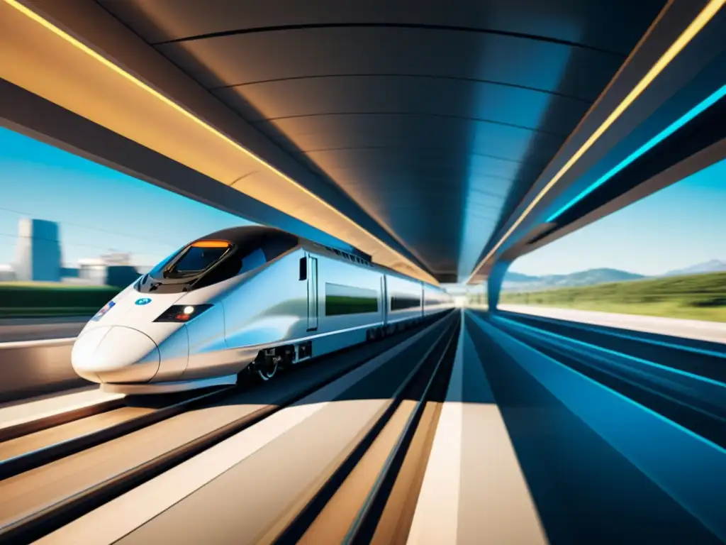 Tren de alta velocidad surcando el futuro Un tren de alta velocidad avanza sin esfuerzo por una pista futurista, transmitiendo la importancia de la velocidad y eficiencia en el contenido SEO