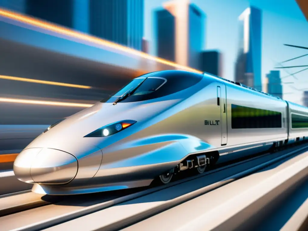 Alta velocidad: tren bala futurista surca la ciudad Un tren de alta velocidad avanza velozmente por una vía futurista, simbolizando la importancia de la velocidad en la entrega de contenido SEO