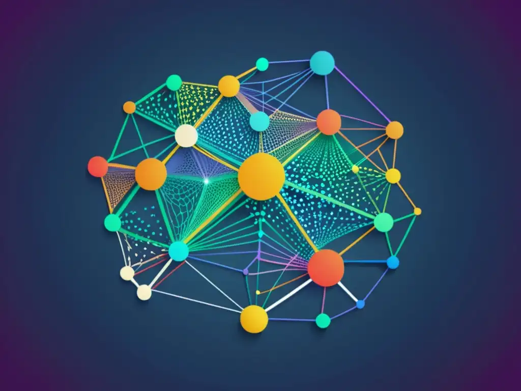 Redes Semánticas: Conexiones Vibrantes y Complejas Una representación vibrante y detallada de una red de nodos interconectados y líneas, simbolizando la complejidad de las estrategias SEO web semántica