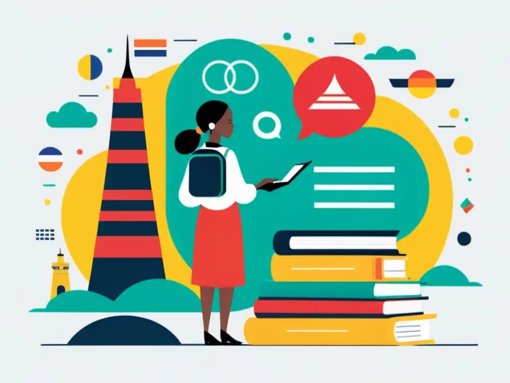 Conexiones culturales: Ilustración vibrante de storytelling Vibrante ilustración de elementos culturales y storytelling, uniendo culturas con libros, globos de diálogo y vestimentas tradicionales