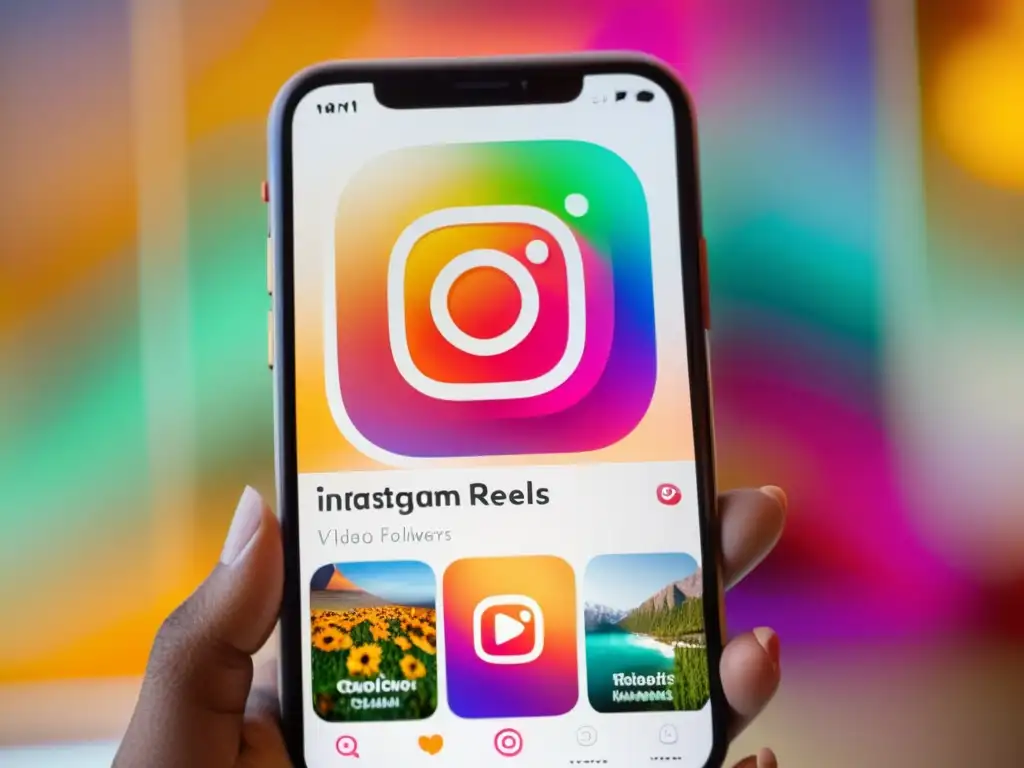 Vibrante video en pantalla de smartphone mostrando la optimización de videos Instagram Reels SEO, con colores dinámicos y atractivo visual