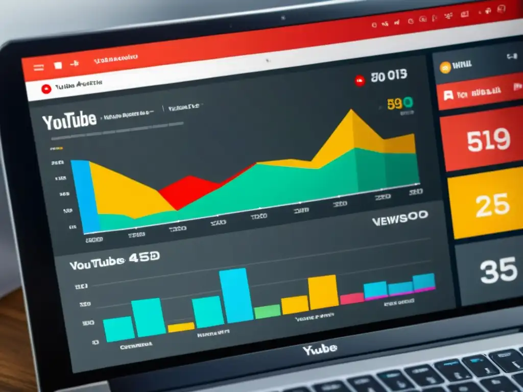 Panel de análisis de YouTube: datos vibrantes y modernos Vibrantes gráficos y tablas muestran análisis de videos en YouTube, transmitiendo la optimización para SEO