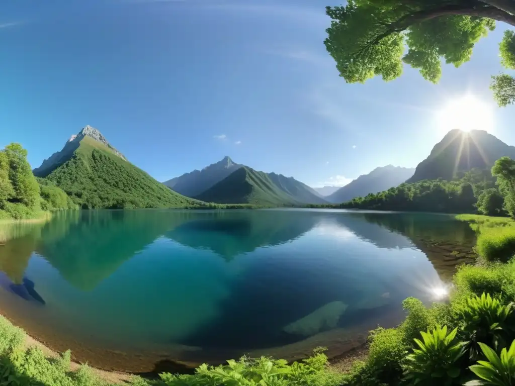 Video 360 grados: Lago cristalino en paisaje sereno Video 360 estrategia SEO: Paisaje sereno con lago cristalino, montañas y vegetación exuberante bajo el sol