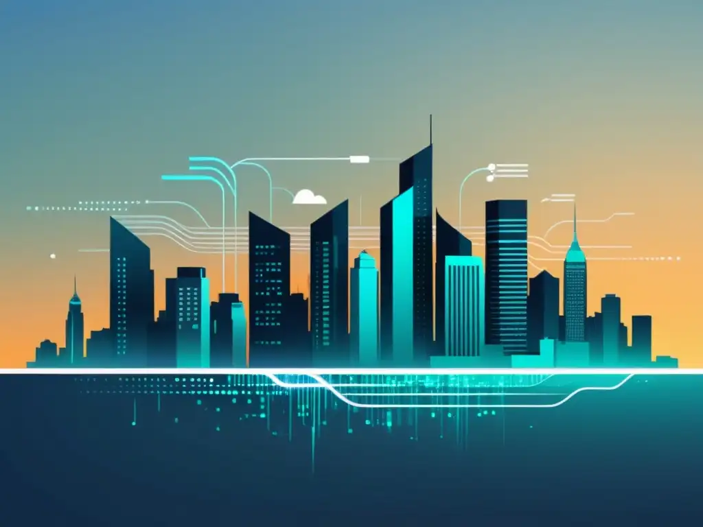 Skyline futurista entrelazada con datos digitales Vista futurista de una ciudad con datos digitales entrelazados entre edificios, evocando la analítica predictiva, SEO y tendencias