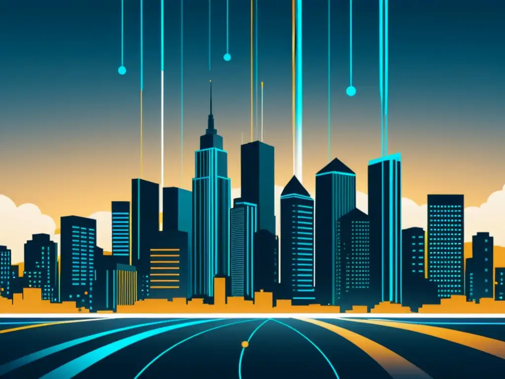 Predicción futurista: Ciudad de datos en SEO Vista futurista de una ciudad con flujos de datos entre edificios, representando la analítica predictiva en estrategias y tendencias de SEO