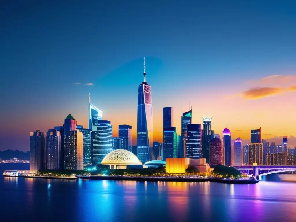 Skyline multilingüe: conquista global del mercado Vista nocturna de una ciudad vibrante y diversa con rascacielos iluminados, conquistando mercado internacional SEO multilingüe